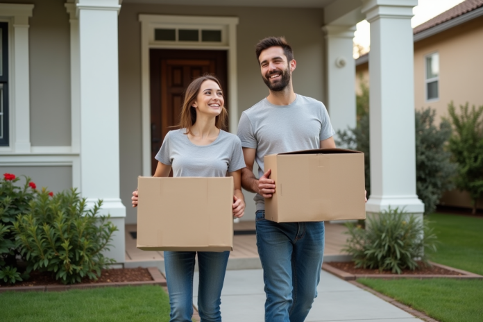 Jeune couple souriant lors d'un déménagement devant une maison