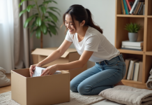 Jeune femme emballant des livres dans une boîte à la maison