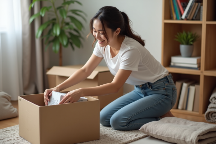 jeune-femme-emballage-livres Jeune femme emballant des livres dans une boîte à la maison