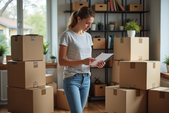 Jeune femme vérifiant sa liste de déménagement dans un appartement