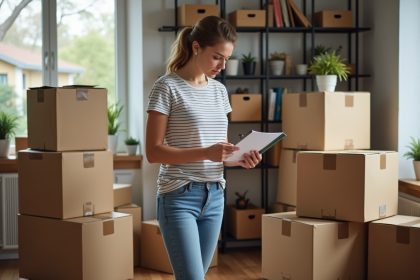 Jeune femme vérifiant sa liste de déménagement dans un appartement