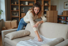 Protéger canapé déménagement : conseils pratiques et efficaces Jeune femme enveloppant un canapé avec une couverture de déménagement