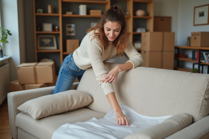 jeune-femme-protege-canape Jeune femme enveloppant un canapé avec une couverture de déménagement