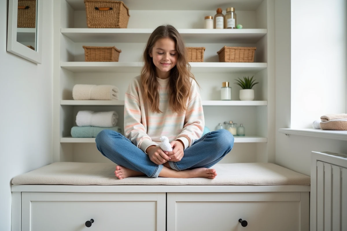Adolescente plie des serviettes dans une salle de bain organisée