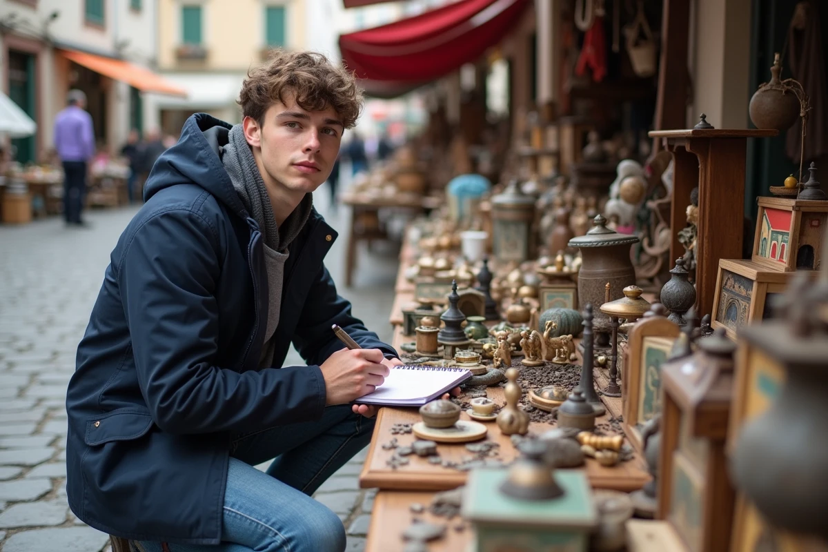 Jeune homme note ses trouvailles parmi des jouets anciens