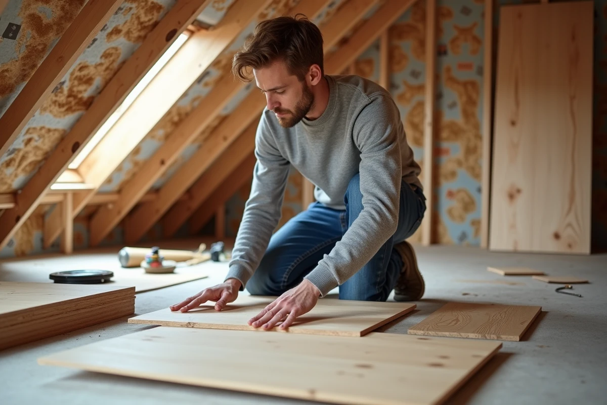 Jeune homme compare panneaux en renovation attic
