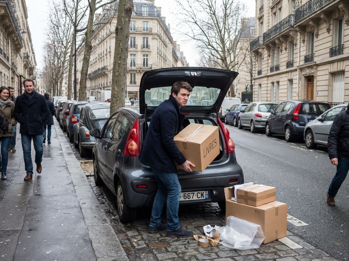 Jeune homme frustré chargeant des cartons dans une voiture en ville