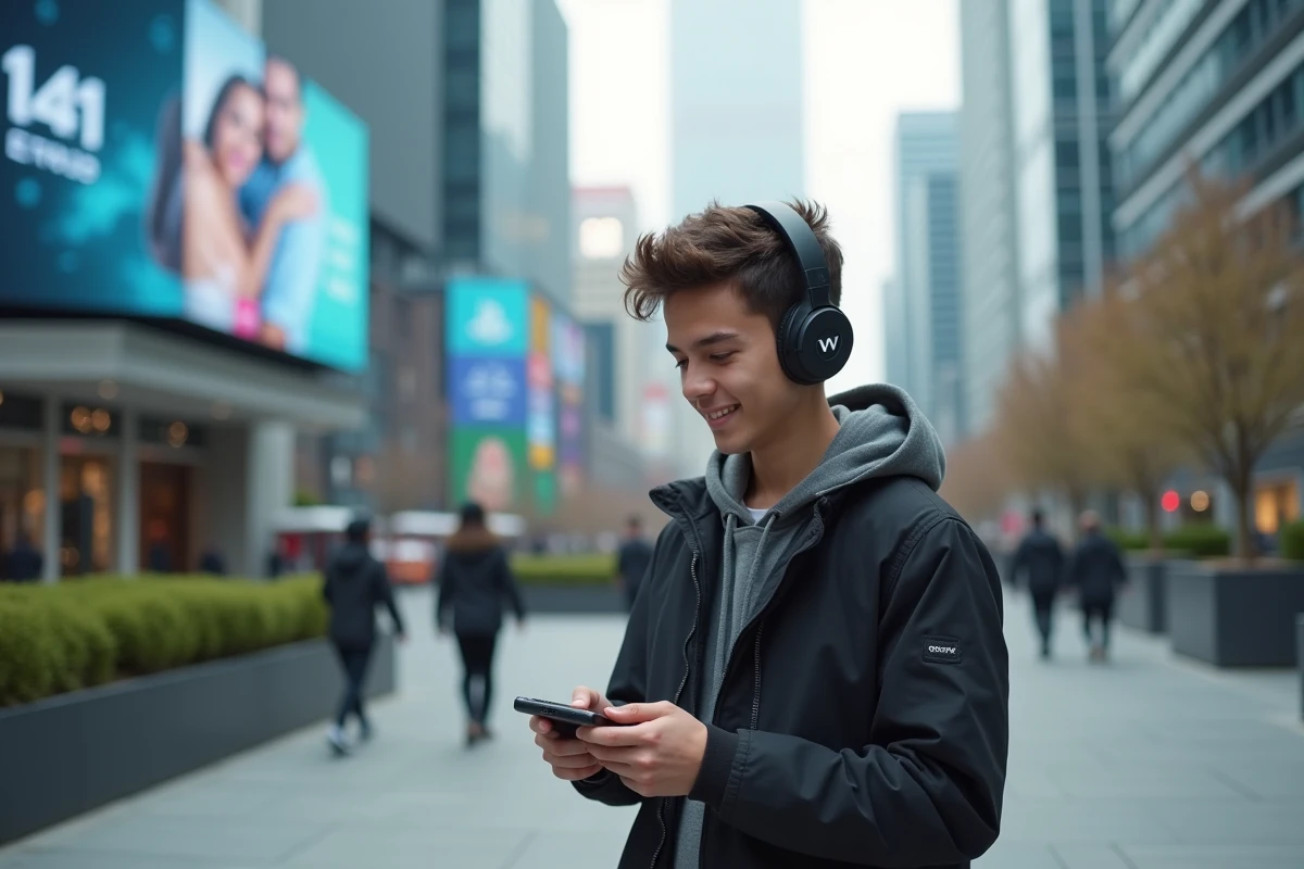 Jeune homme en streetwear jouant avec un appareil portable en ville