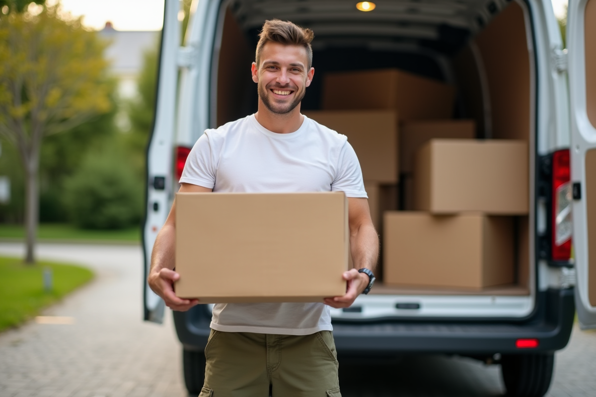 Jeune homme souriant avec une box devant un van ouvert