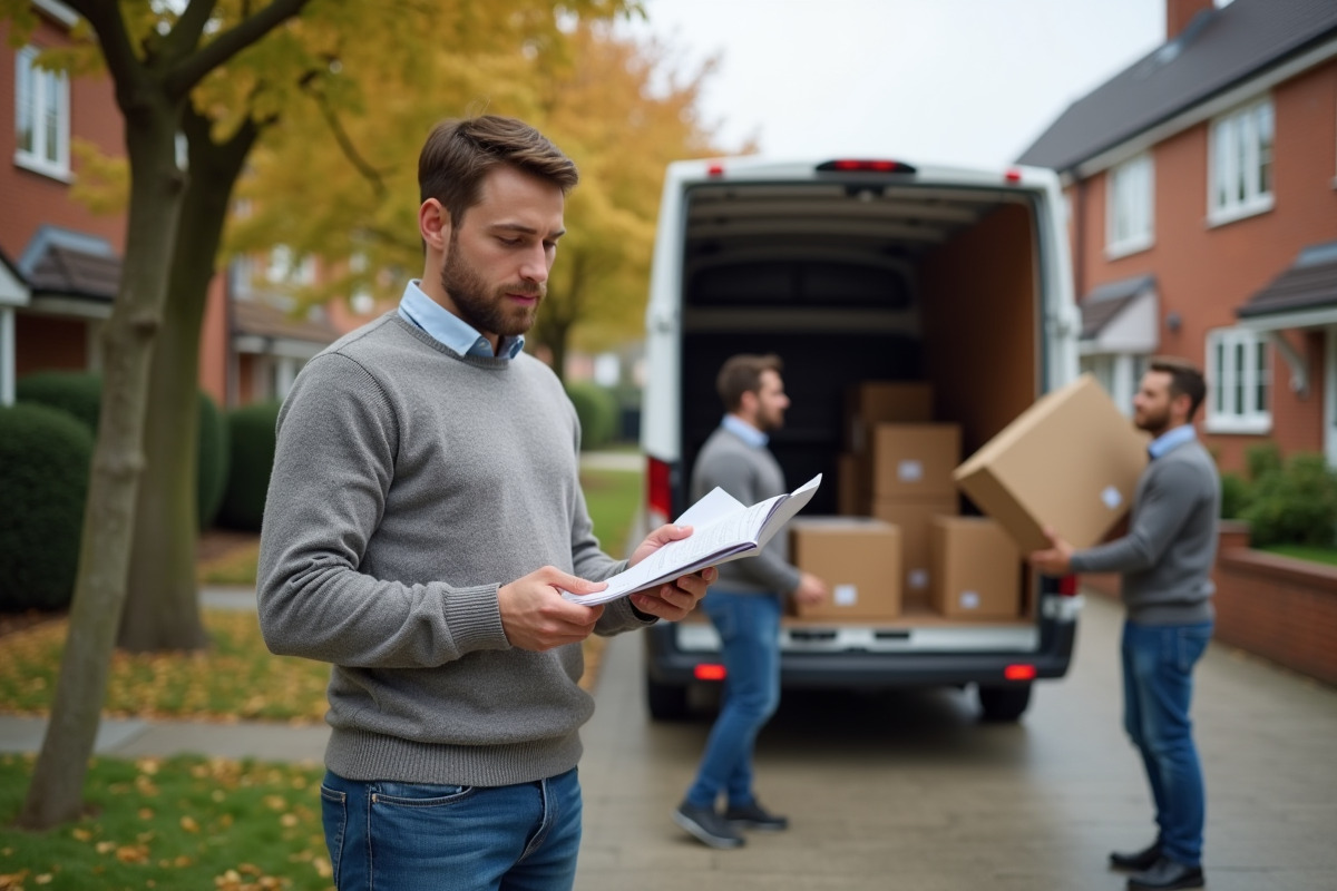 Jeune homme consulte une liste devant un camion de déménagement