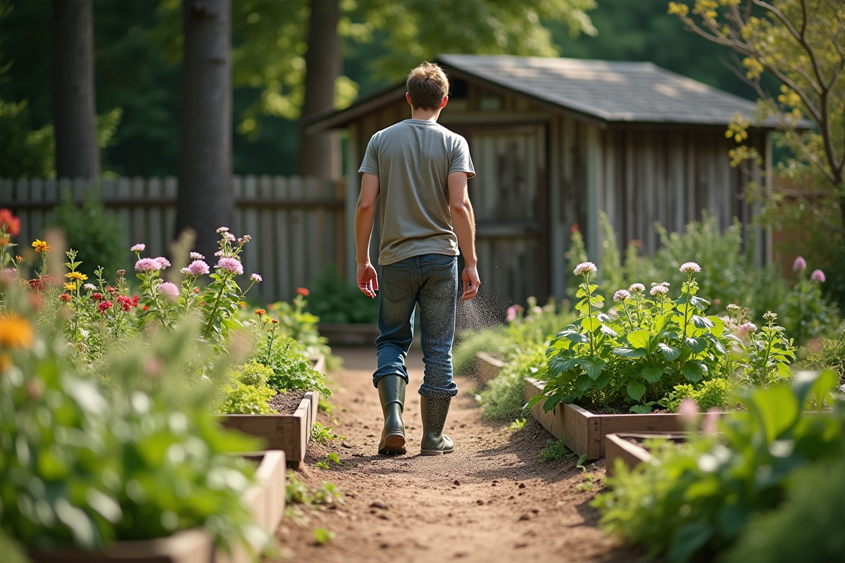 Jeune homme appliquant un répulsif naturel dans le jardin