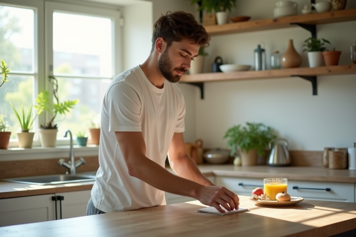 Jeune homme inspectant des pièges écologiques dans la cuisine