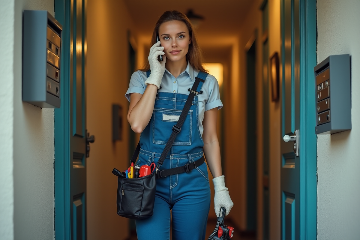 Jeune femme plombier parlant au téléphone dans un couloir d