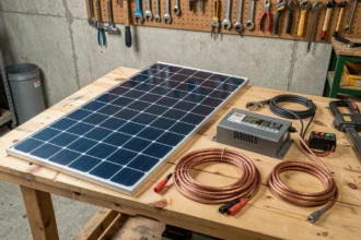 Kit panneau solaire 220V complet posé sur une table d'atelier en bois avec onduleur, câbles et régulateur de charge