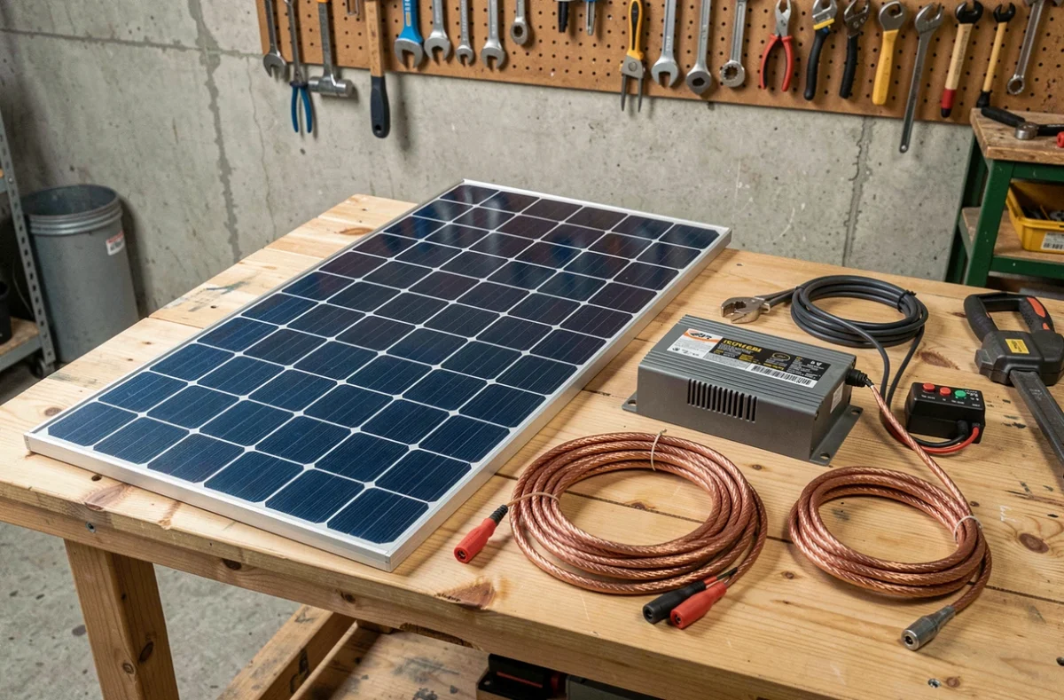 Kit panneau solaire 220V complet posé sur une table d'atelier en bois avec onduleur, câbles et régulateur de charge