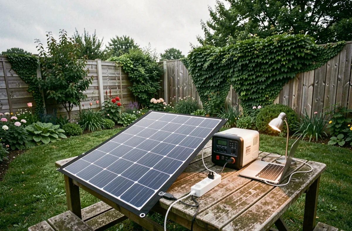Kit solaire portable 220V installé dans un jardin avec panneau pliant connecté à une station d'énergie et appareils branchés