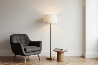 Lampe halogène sur pied design en laiton brossé avec abat-jour en lin blanc dans un salon scandinave épuré