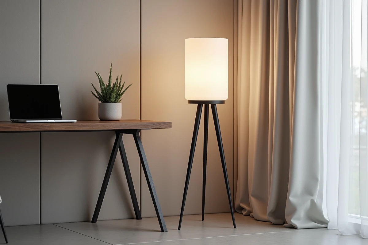 Lampe sur pied design minimaliste à trépied noir mat dans un bureau à domicile moderne avec bureau en noyer