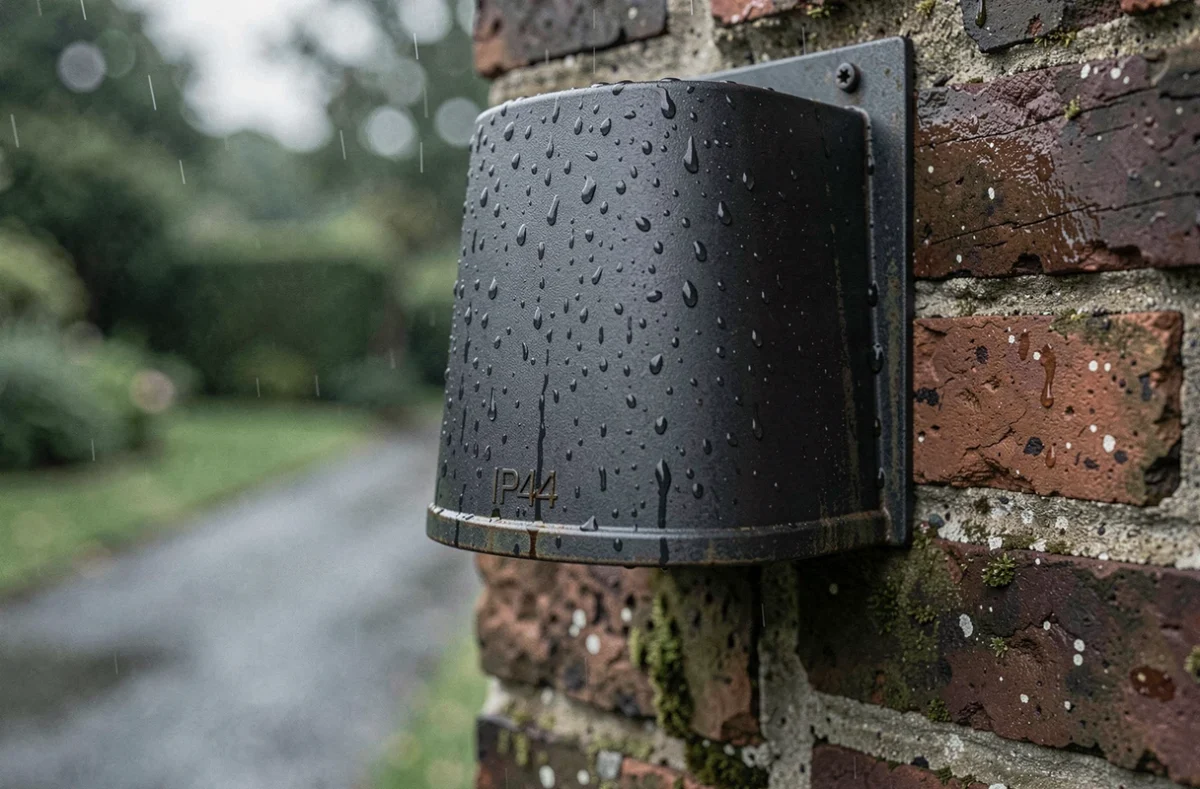 Lanterne murale extérieure IP44 avec gouttes de pluie sur boîtier métallique mat sur mur en briques humides
