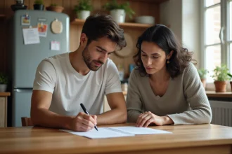 Jeune homme et mère lisant et signant un document familial