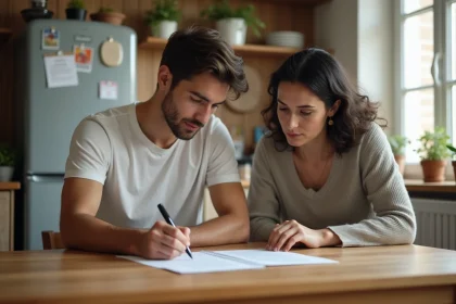 Jeune homme et mère lisant et signant un document familial