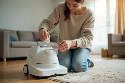 Femme versant de la lessive dans le réservoir d'une shampouineuse à moquette dans un salon domestique