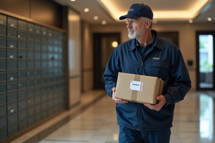 Livreur en uniforme portant un colis fragile dans un hall moderne