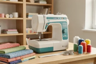 Machine à coudre compacte blanche et bleue posée sur une table en bois avec des tissus colorés et des bobines de fil, dans un atelier de couture domestique.
