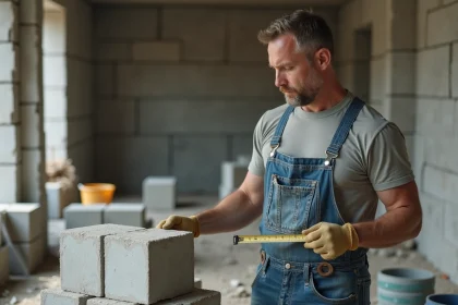 Maçon vérifiant des blocs de béton sur un chantier