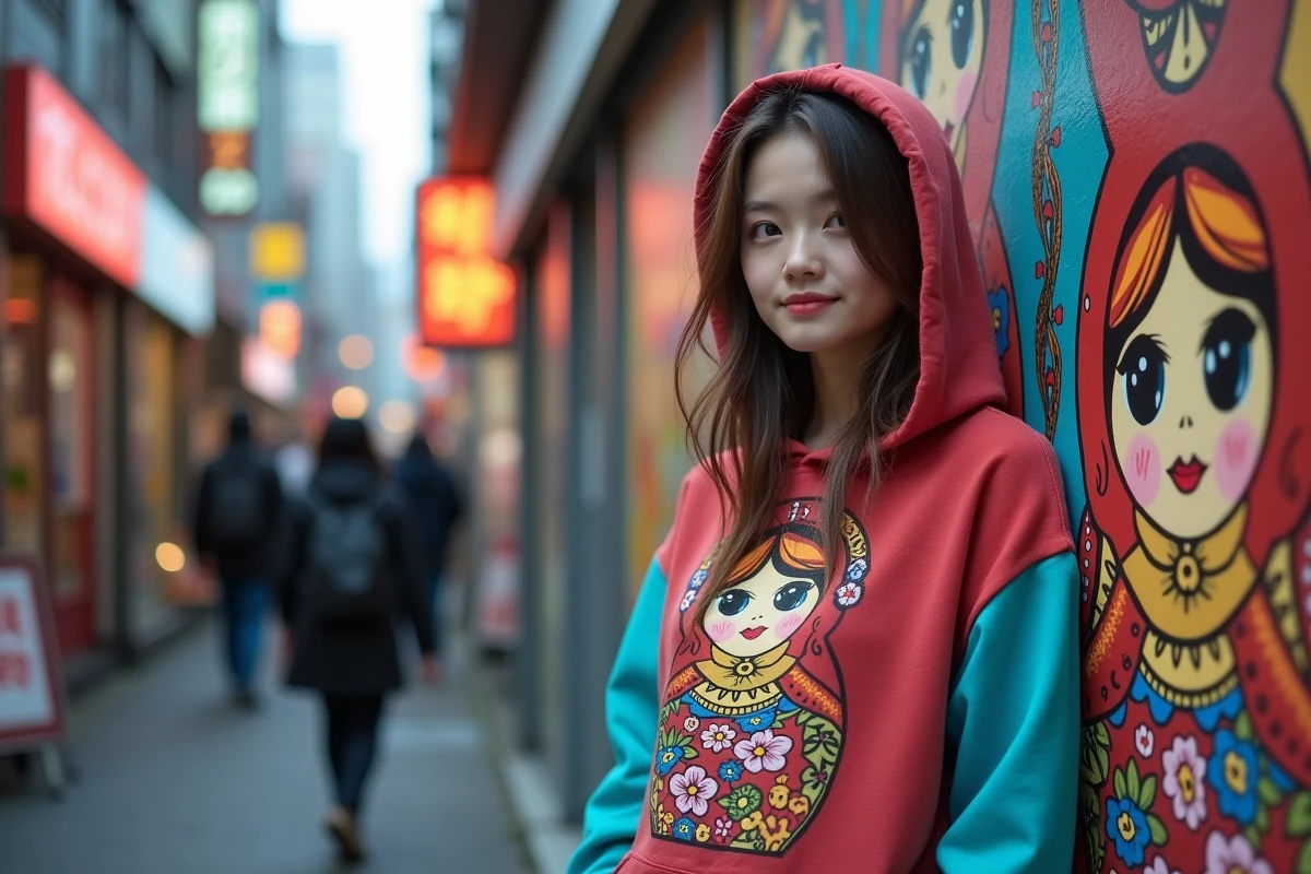 Jeune femme portant un sweat-shirt pop art à motif matriochka dans une rue animée de Tokyo