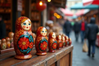 Collection de poupées matriochkas russes peintes à la main alignées sur un étal de marché à Moscou