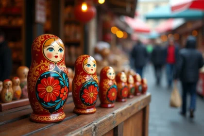 Collection de poupées matriochkas russes peintes à la main alignées sur un étal de marché à Moscou