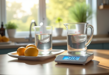 Plan de travail avec un verre doseur de 500 ml et une balance numérique en lumière naturelle