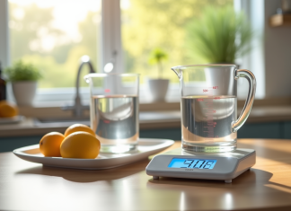 Savoir convertir 500 ml en grammes : un plus pour vos préparations culinaires Plan de travail avec un verre doseur de 500 ml et une balance numérique en lumière naturelle