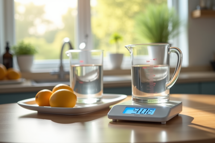 Plan de travail avec un verre doseur de 500 ml et une balance numérique en lumière naturelle