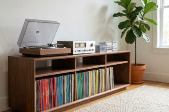 Meuble hi-fi en noyer massif regroupant vinyles, CD et ampli dans un salon scandinave ordonné