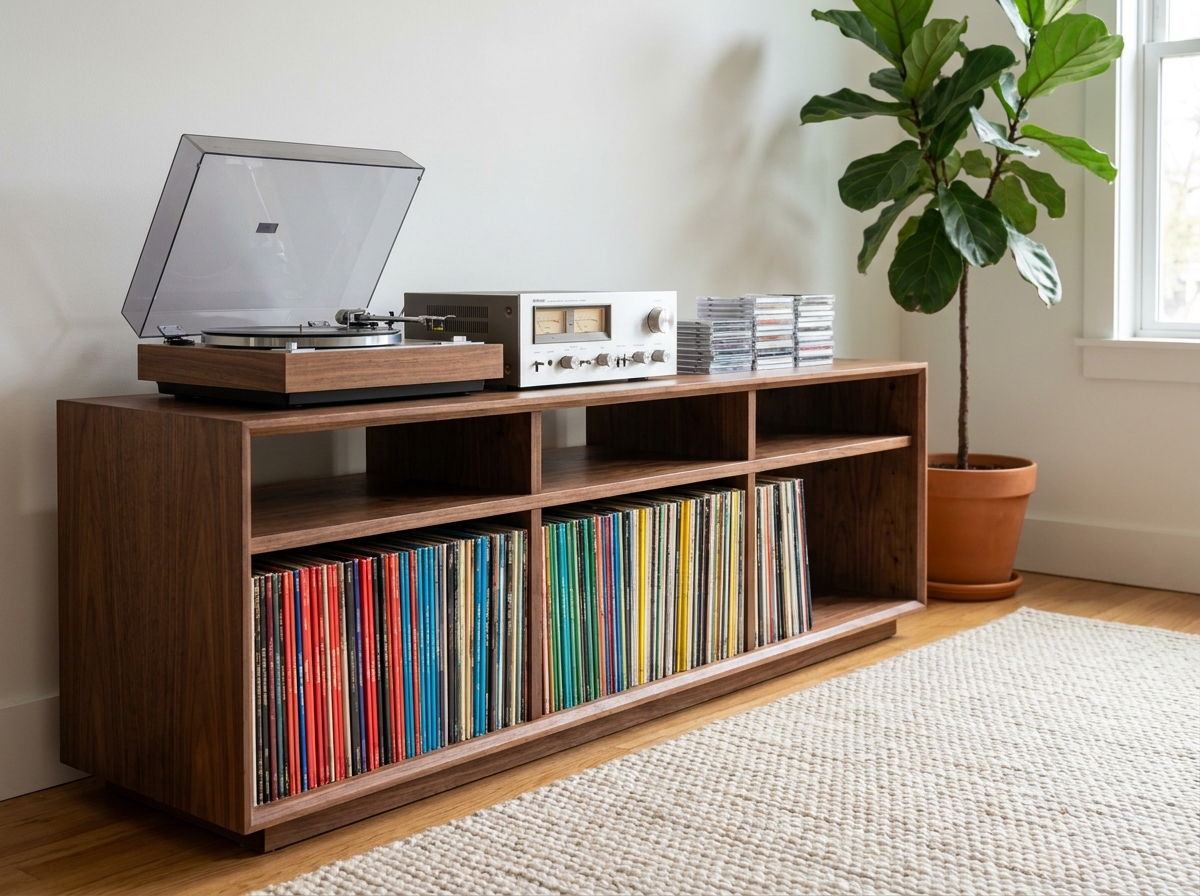 Meuble hi-fi en noyer massif regroupant vinyles, CD et ampli dans un salon scandinave ordonné