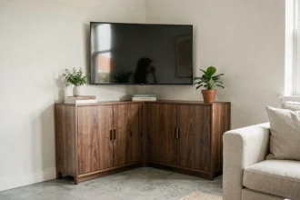 Meuble TV d'angle fermé en bois de noyer dans un salon moderne minimaliste avec murs blancs et sol en béton gris