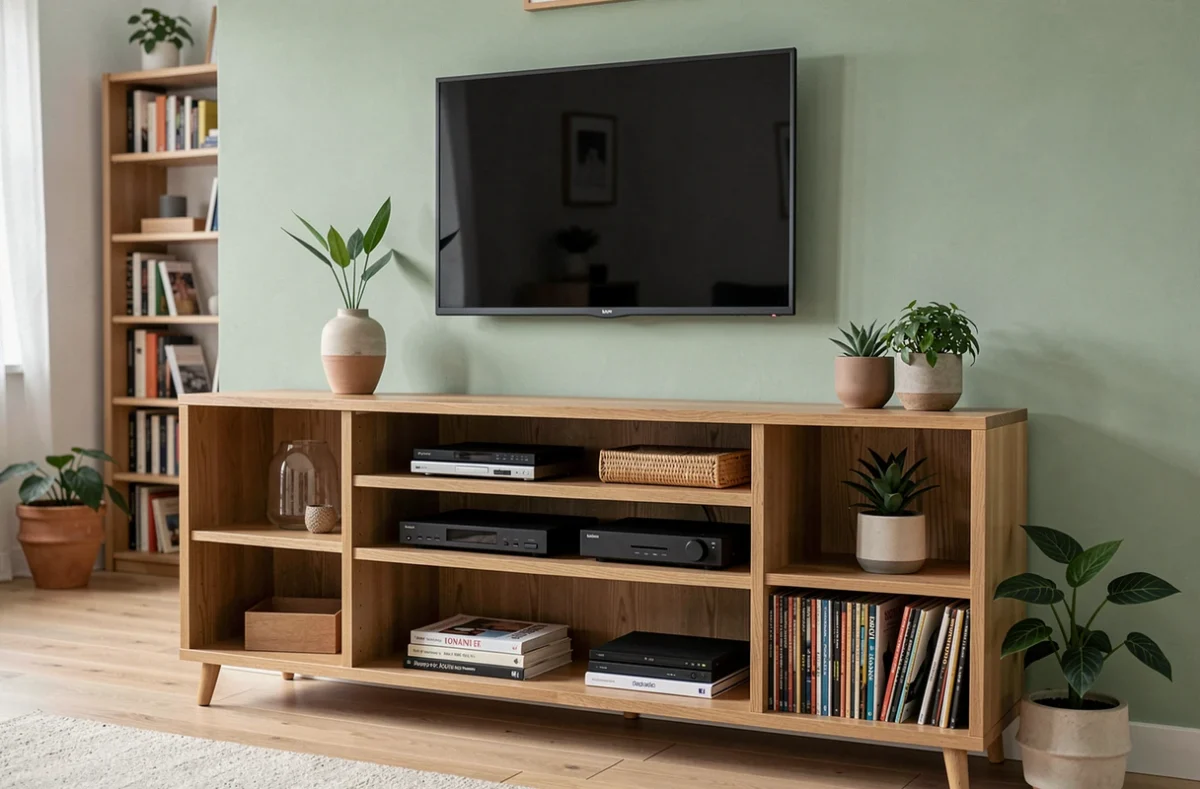 Meuble TV d'angle ouvert en chêne clair avec étagères décoratives dans un appartement de style scandinave