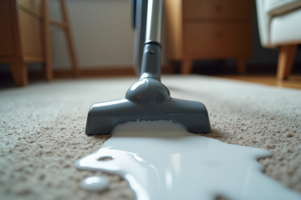 Gros plan sur une shampouineuse nettoyant une moquette avec de la mousse excessive due à la lessive