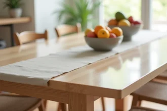 Nappe transparente sur mesure posée sur une table à manger en chêne massif dans une cuisine scandinave, laissant apparaître le bois naturel
