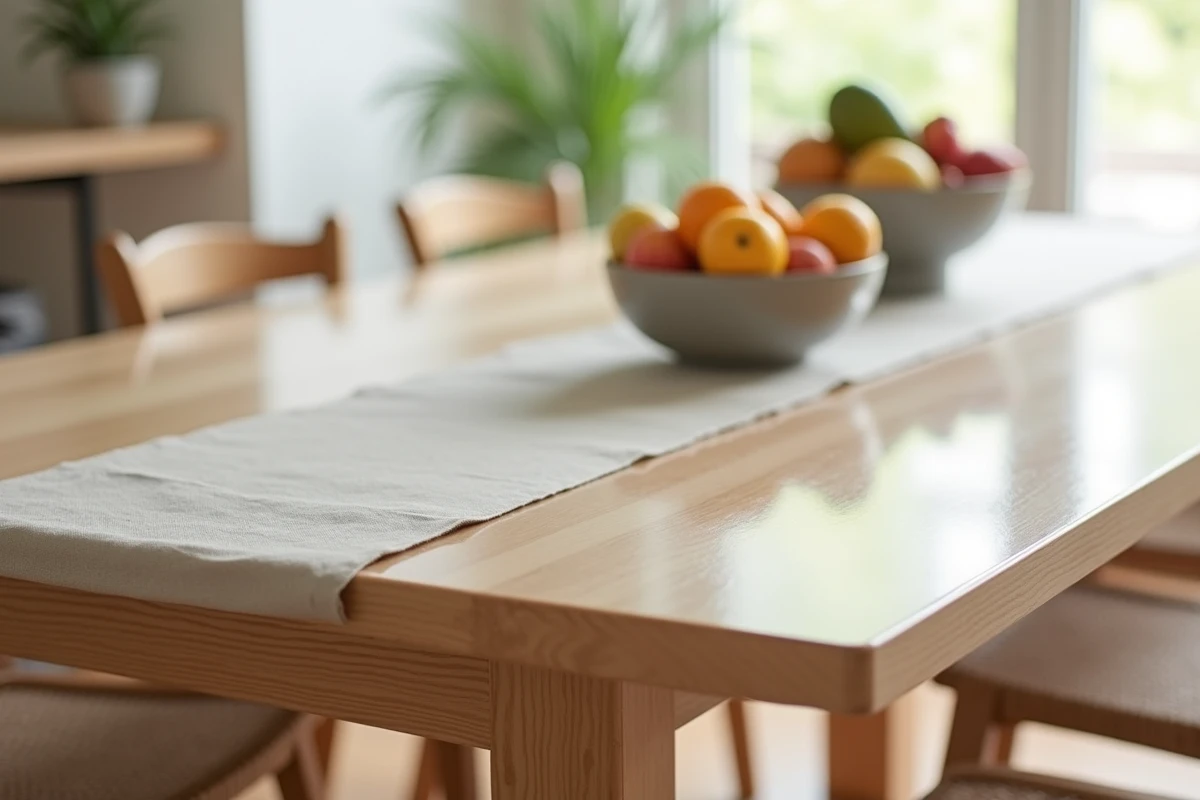 Nappe transparente sur mesure posée sur une table à manger en chêne massif dans une cuisine scandinave, laissant apparaître le bois naturel