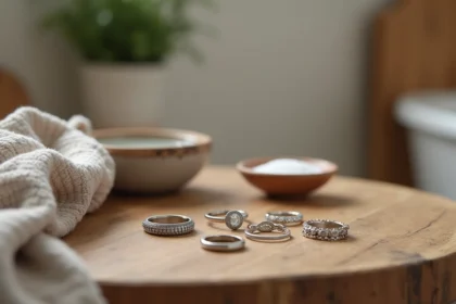 Ensemble de bagues en argent posées sur une table en bois avec des accessoires de nettoyage quotidien