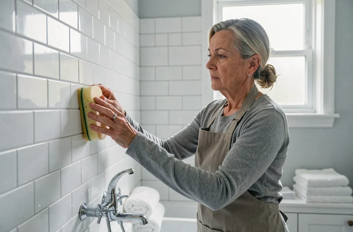 Femme de ménage expérimentée récurant les carreaux d'une salle de bain résidentielle