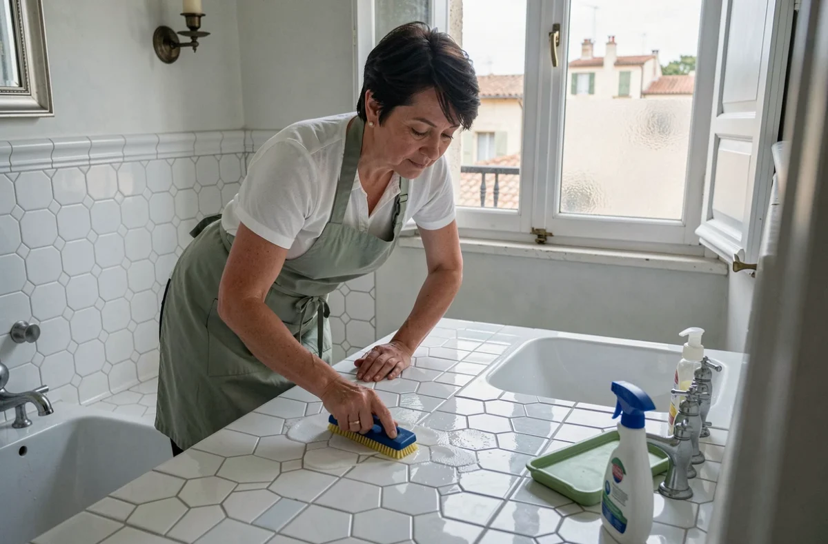 Femme de ménage récurant les carreaux d'une salle de bain de style ancien dans un appartement du centre historique d'Aix-en-Provence