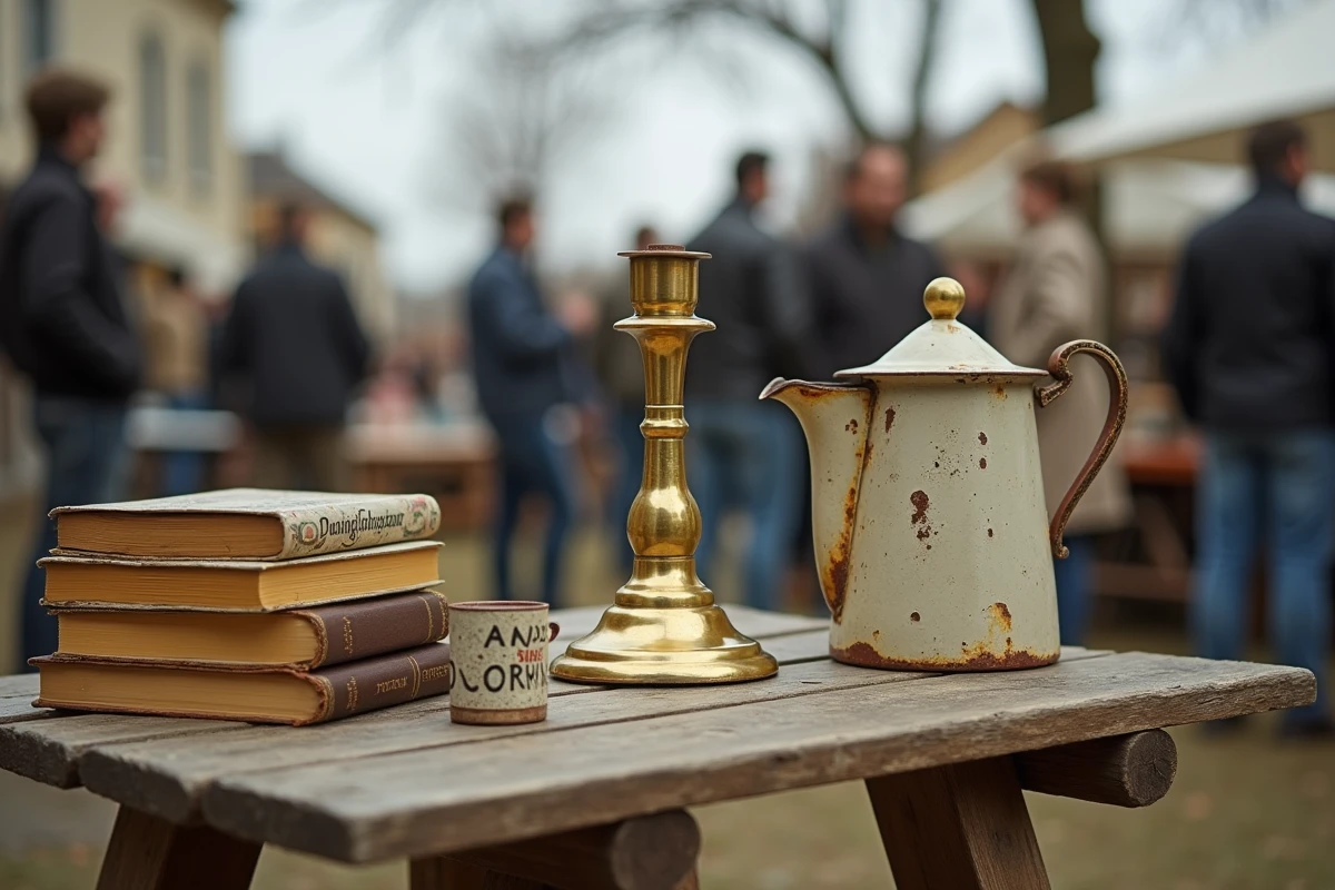 Objets anciens exposés sur une table de vide grenier en plein air dans les Deux-Sèvres