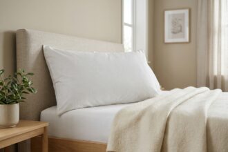Oreiller rectangulaire blanc en coton sur un lit bien fait dans une chambre scandinave épurée