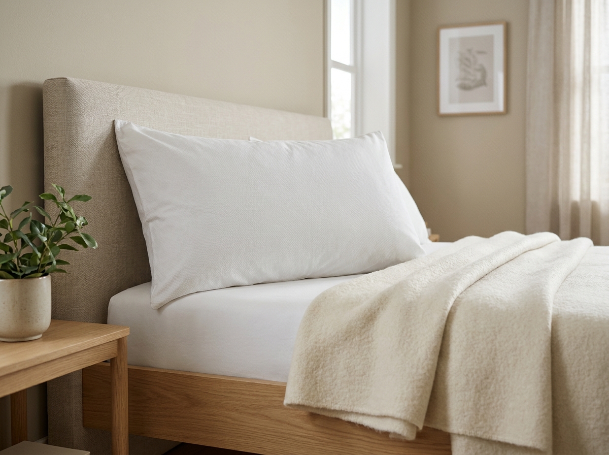 Oreiller rectangulaire blanc en coton sur un lit bien fait dans une chambre scandinave épurée
