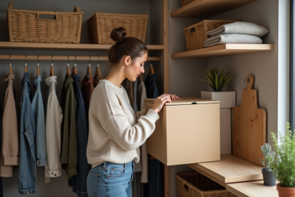 Femme organisant des boîtes dans un placard moderne