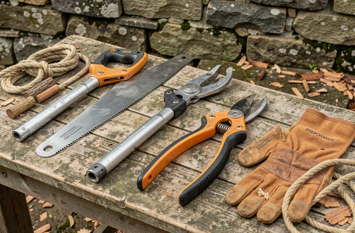 Outils professionnels d'élagage disposés sur un établi en bois extérieur incluant scie, sécateur et corde de travail en hauteur